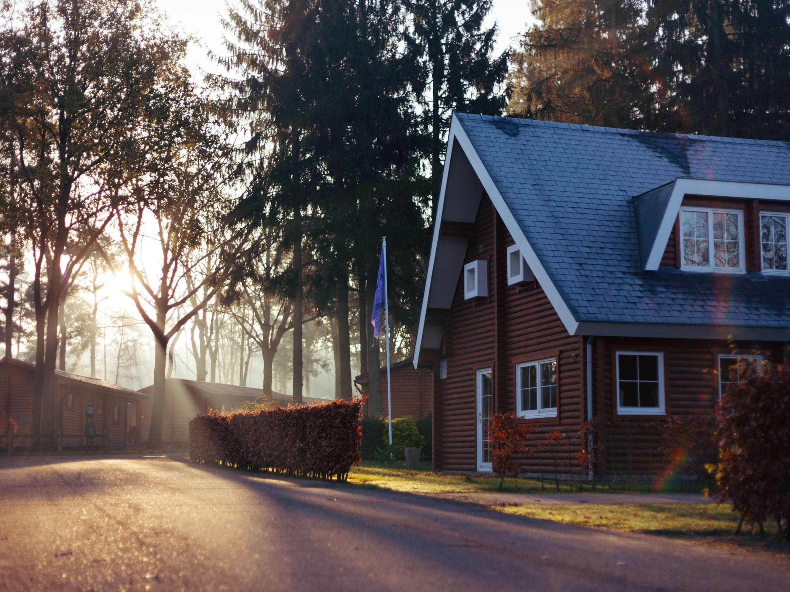 Freistehendes Giebelhaus mit Hecke im Morgennebel