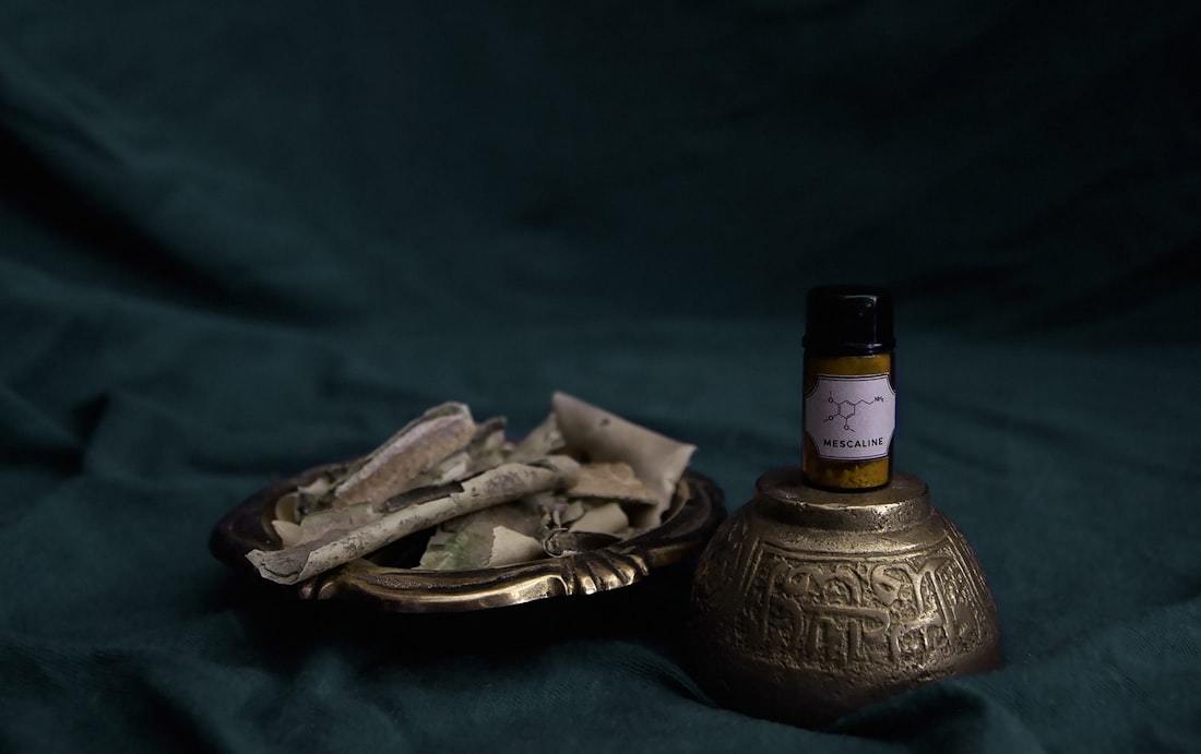 Messingschale mit Kräutern und ätherischem Öl